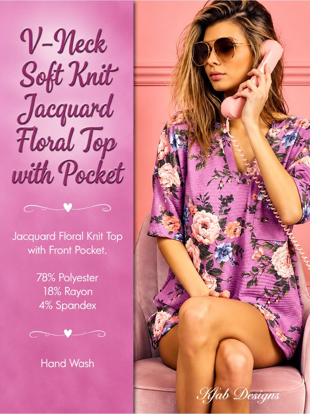 V-neck Soft Knit Jacquard Floral Top with Pocket NEW